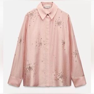 NWT Zara lyocell blend jewel rhinestone embroidered shirt Size XS